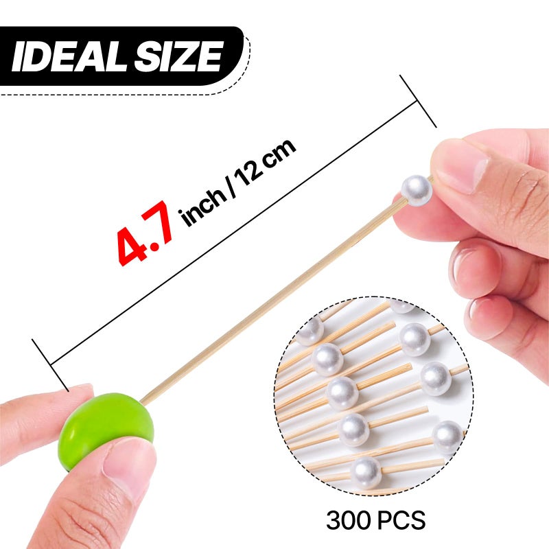 PuTwo Cocktail Toothpicks 300 Counts Cocktail Picks Handmade Natural Bamboo Cocktail Sticks Eco-Friendly Appetizer Skewers for Cocktail Appetizers Fruits Dessert - White Pearls - Image 3